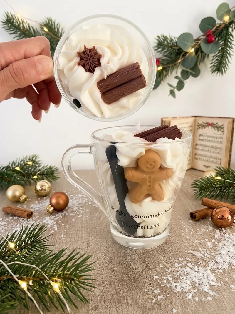 Bougie gourmande parfumée thé chai latte Bougie chantilly Bougie artisanale Bougie végétale Idée cadeau noel