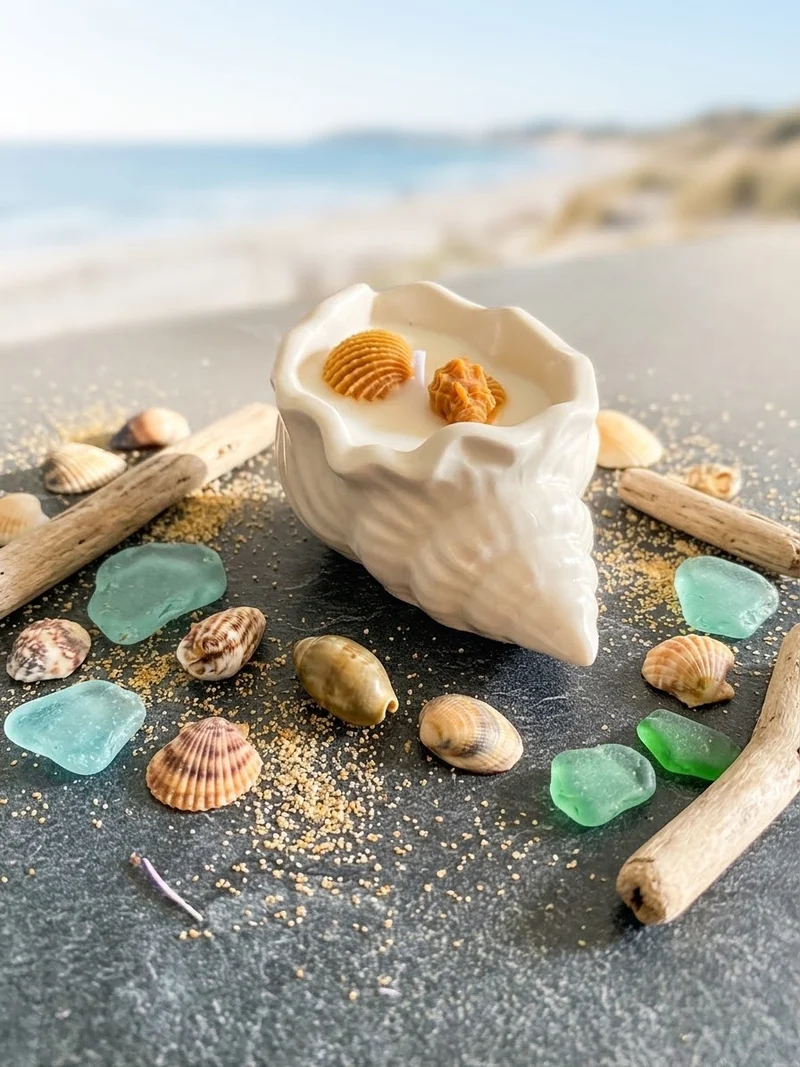 Bougie coquillage Jesmonite parfum monoï Bougie végétale Idée cadeau