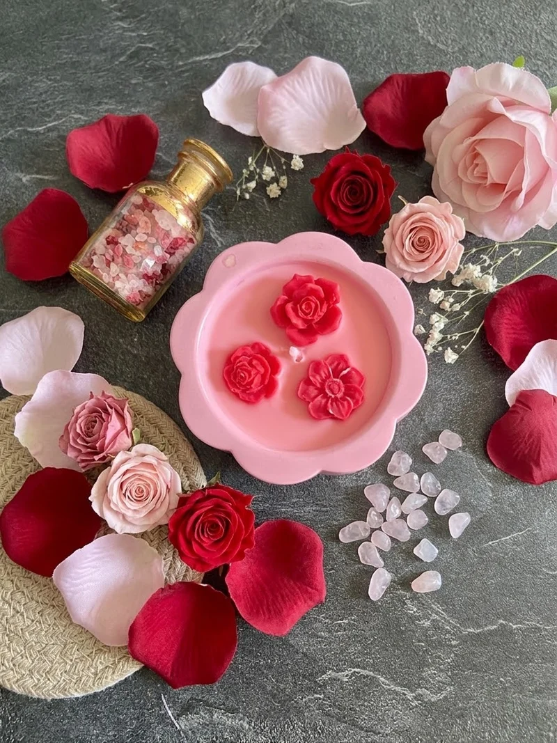 Bougie fleur rose Jesmonite parfum fruits rouges Bougie végétale Idée cadeau