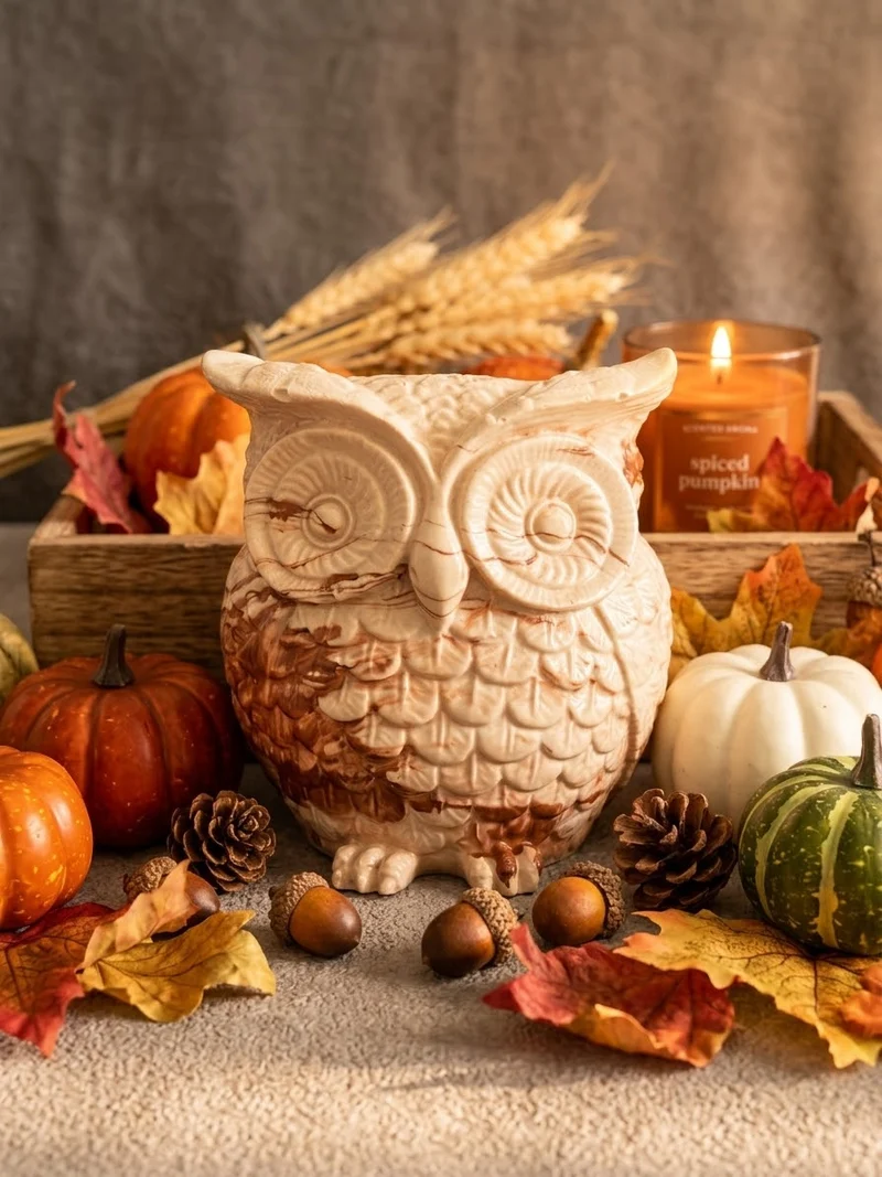 Bougie gourmande hibou automne Bougie parfumée caramel Hibou Jesmonite Bougie végétale Idée cadeau