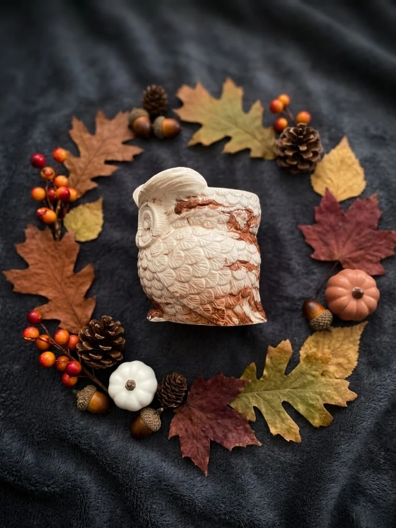 Bougie gourmande hibou automne Bougie parfumée caramel Hibou Jesmonite Bougie végétale Idée cadeau