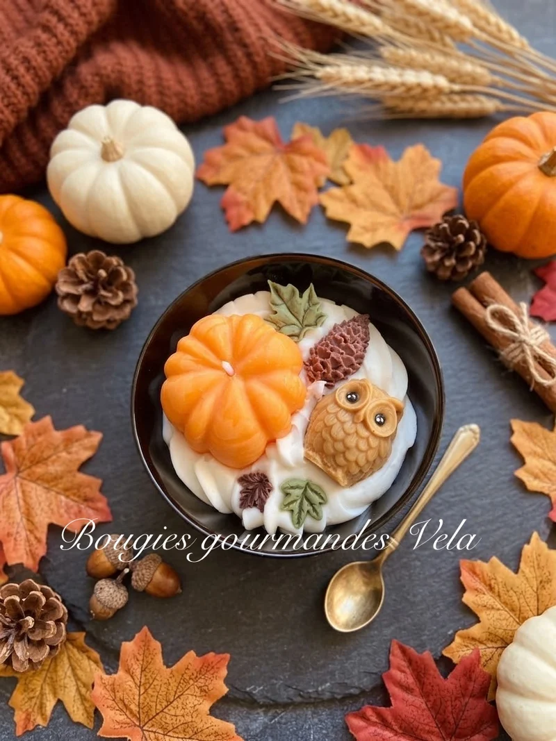 Bougie gourmande automne citrouille hibou Bougie parfumée pumpkin spice Bougie chantilly Bougie végétale Idée cadeau