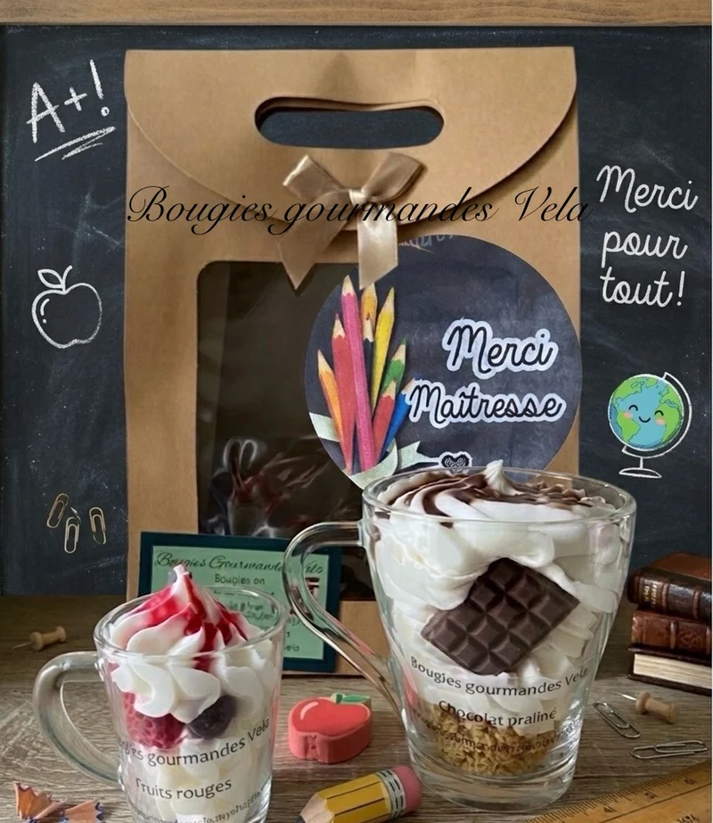 Coffret Merci Maîtresse 2 bougies gourmandes parfum chocolat praliné parfum fruits rouges Bougie chantilly Bougie artisanale Bougie végétale Idée cadeau