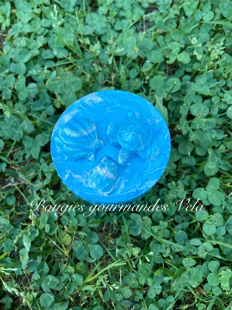 Bougie gourmande parfumée fruits rouges Boîte Jesmonite bleue coquillages Bougie artisanale Bougie végétale Idée cadeau