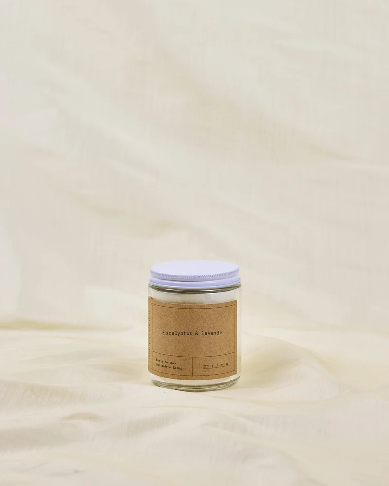Bougie de soya — Eucalyptus & lavande — 8 oz (50 heures)