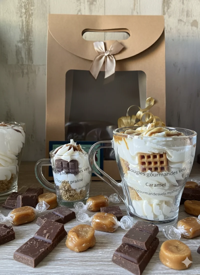 Coffret 2 bougies gourmandes parfum caramel parfum chocolat praliné Bougie chantilly Bougie artisanale Bougie végétale Idée cadeau (Copie)