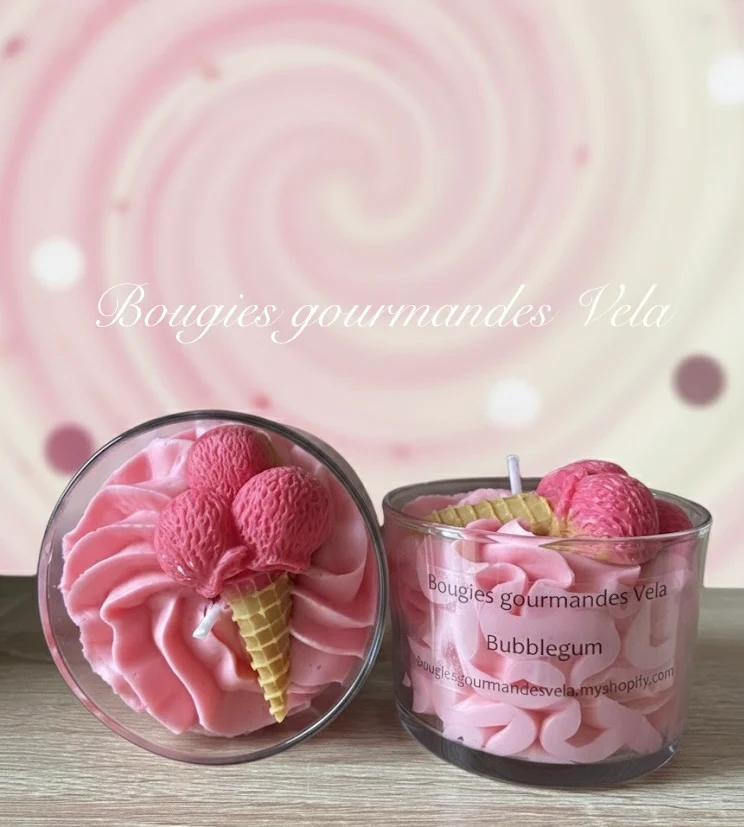 Bougie gourmande Bougie glace bubble gum Bougie parfumée bubble gum Bougie rose Bougie chantilly Bougie artisanale Bougie végétale Idée cadeau