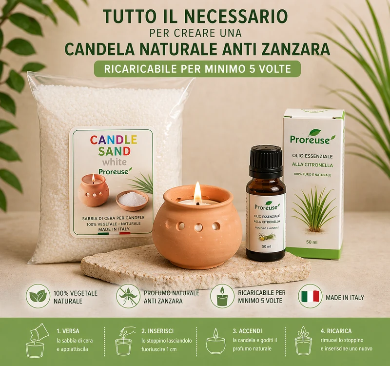 Candela Anti Zanzara Fai da Te con Candle Sand, Citronella e Coccio in Terracotta