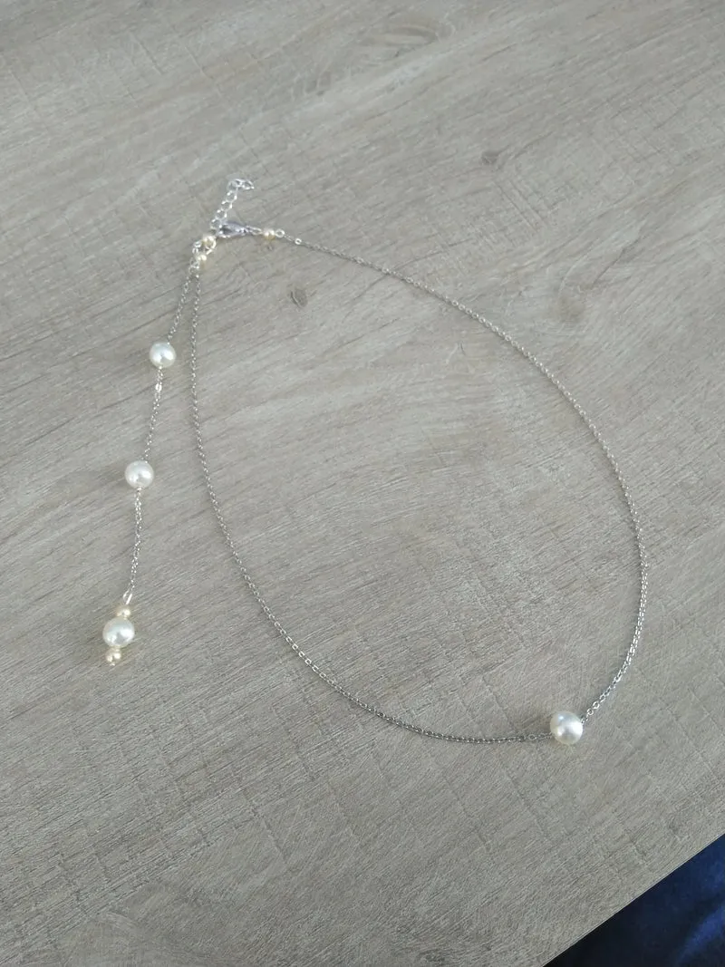 Collier mariee Collier de dos perles nacrées ivoires chaine fine argentée Bijoux mariage Bijoux mariee