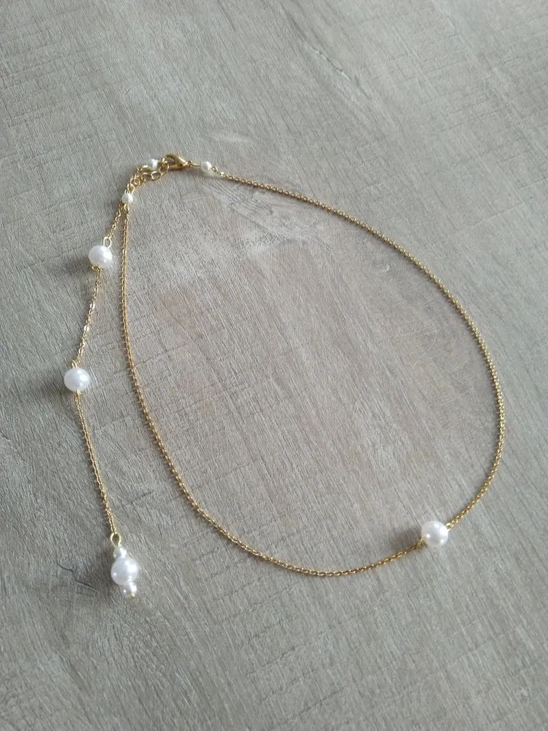 Collier mariee Collier de dos perles nacrées blanches chaine fine dorée Bijoux mariage Bijoux mariee
