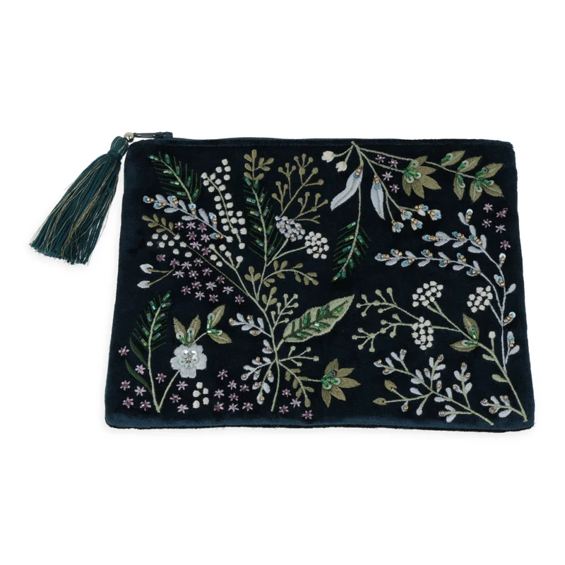 Etui fluweel donkerblauw met bloemen
