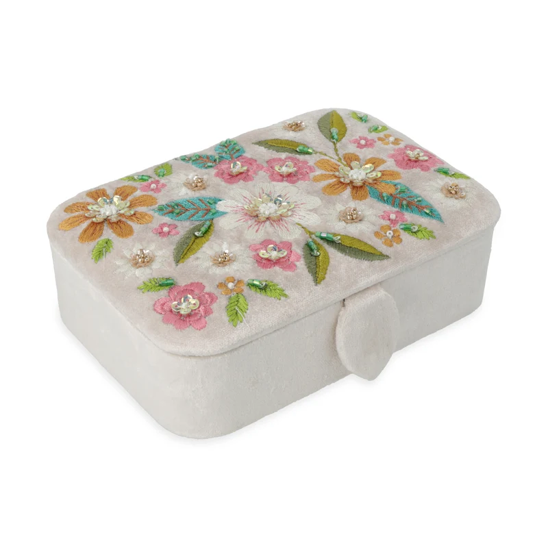 Sieraden / tarotdoos fluweel gebroken wit met bloemen