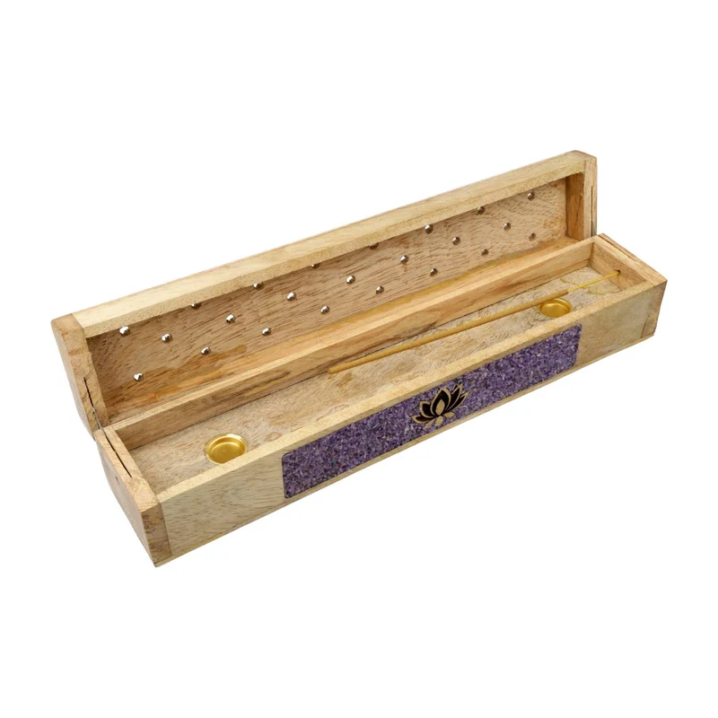 Wierookbrander en opbergdoos Lotus amethist mangohout