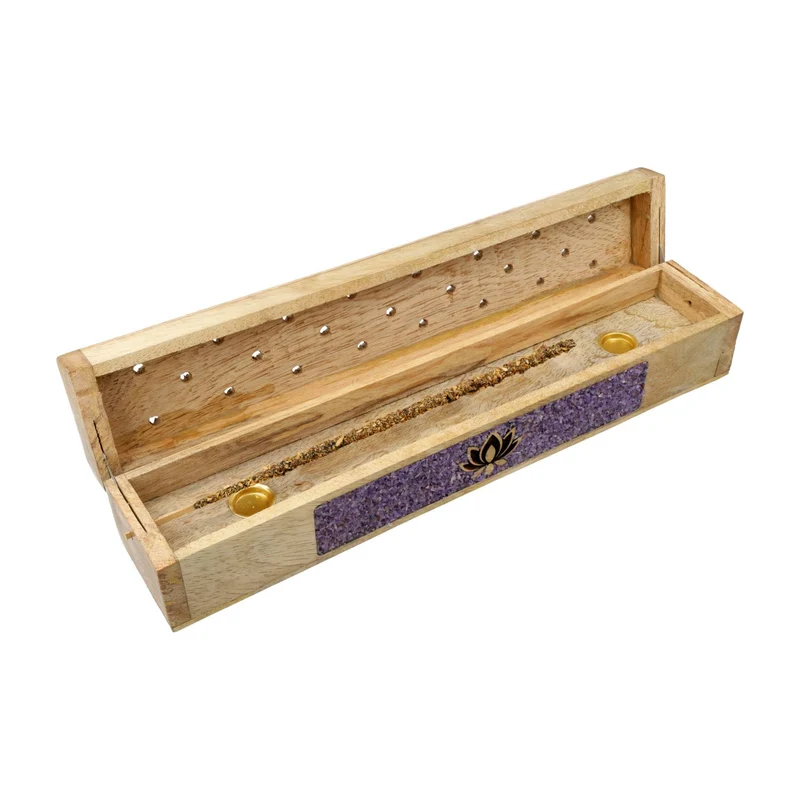 Wierookbrander en opbergdoos Lotus amethist mangohout