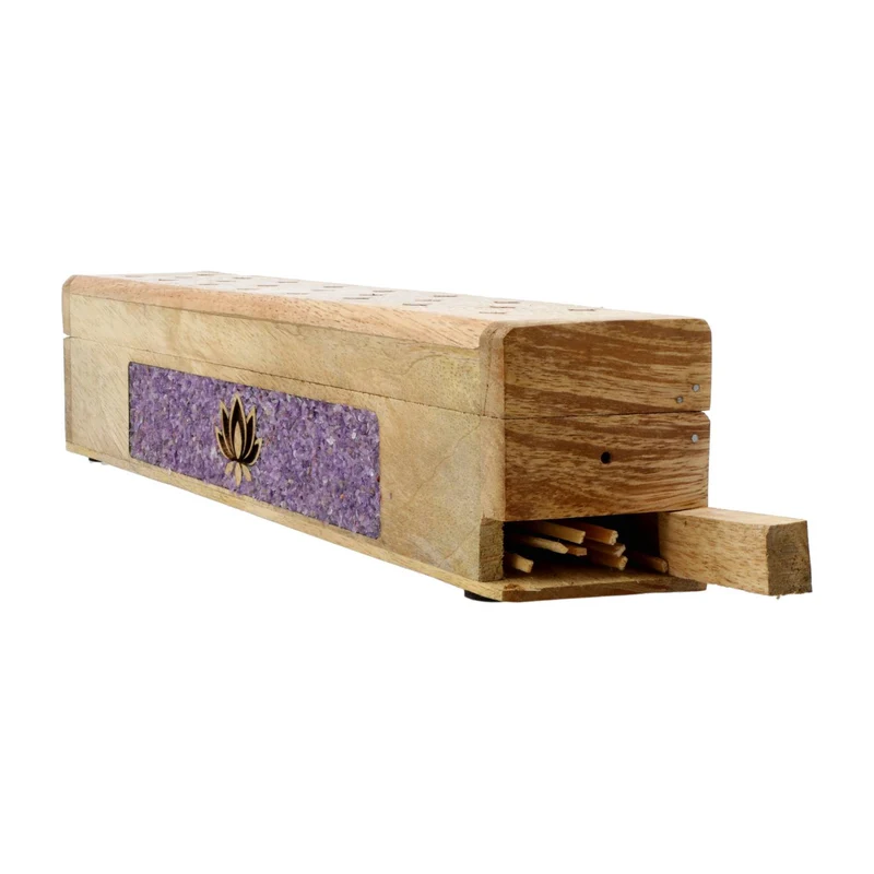 Wierookbrander en opbergdoos Lotus amethist mangohout