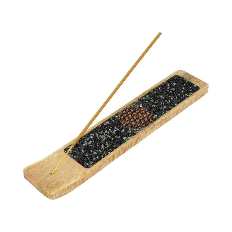 Wierookhouder Flower of life toermalijn en pyriet mangohout