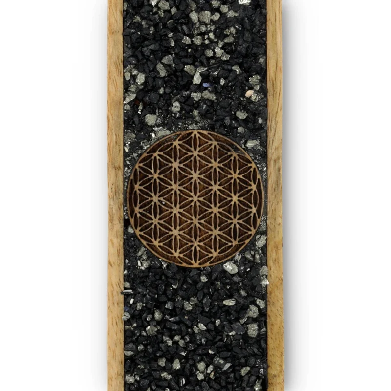 Wierookhouder Flower of life toermalijn en pyriet mangohout