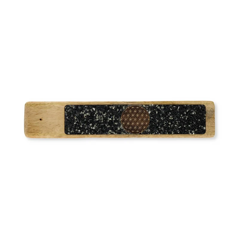 Wierookhouder Flower of life toermalijn en pyriet mangohout