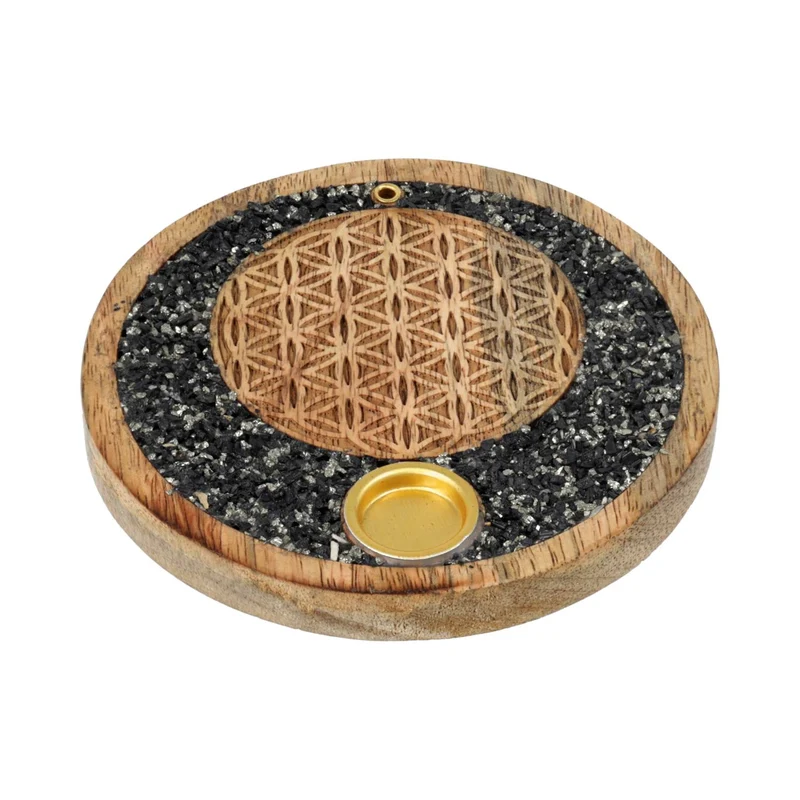 Wierookkegelhouder Flower of life toermalijn en pyriet mangohout