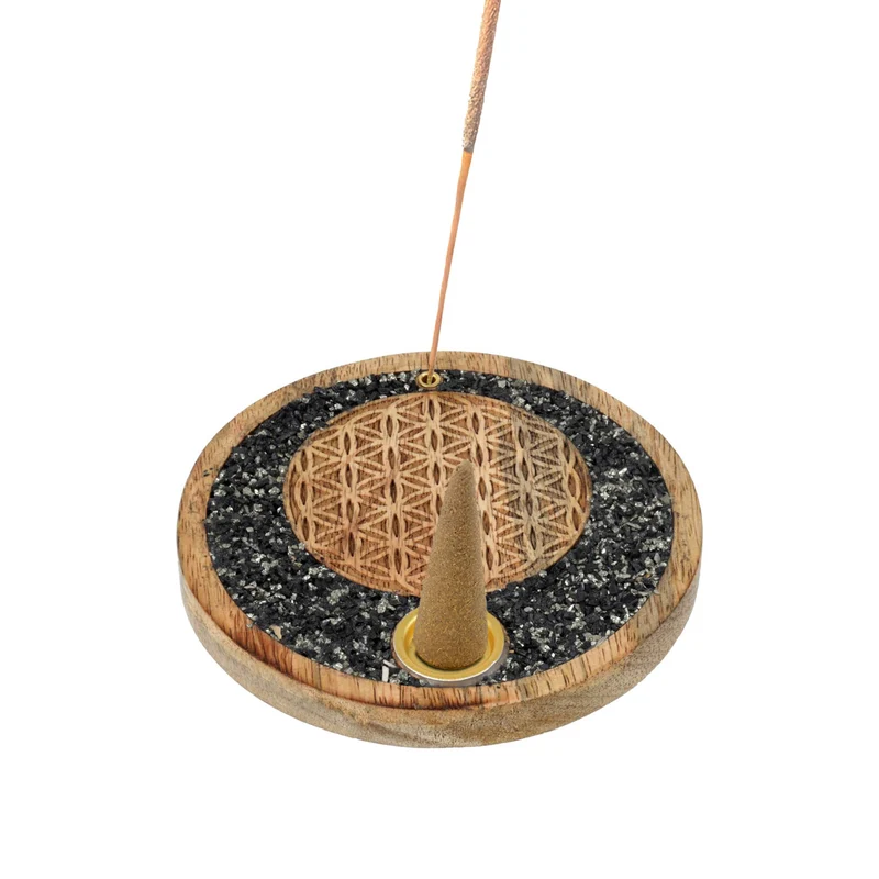 Wierookkegelhouder Flower of life toermalijn en pyriet mangohout