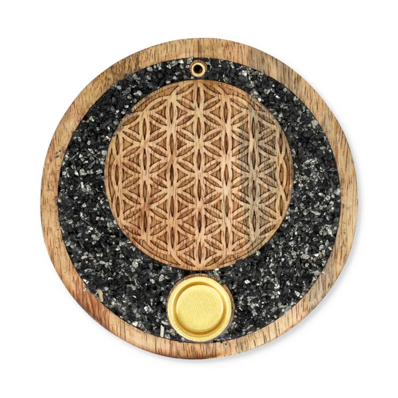 Wierookkegelhouder Flower of life toermalijn en pyriet mangohout