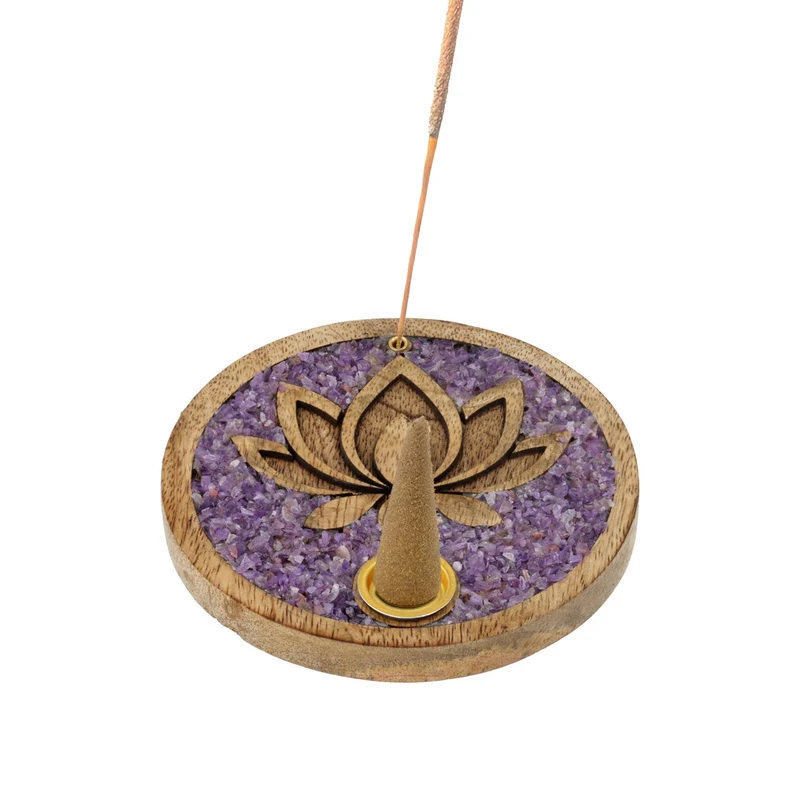 Wierookkegelhouder Lotus amethist mangohout