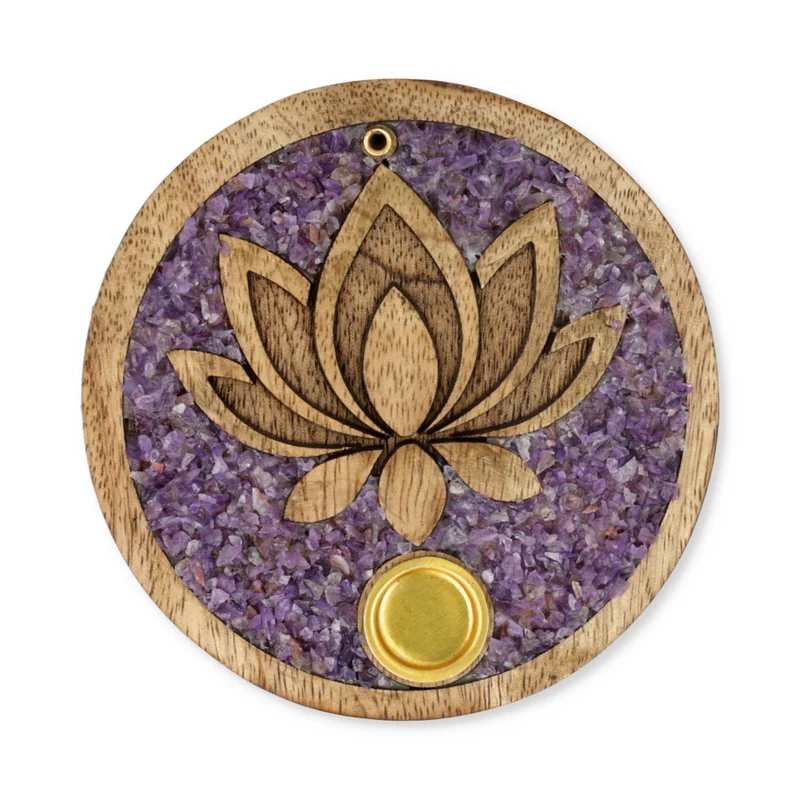 Wierookkegelhouder Lotus amethist mangohout