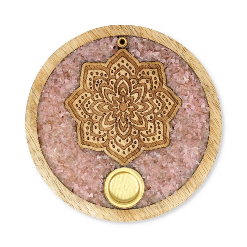 Wierookkegelhouder Mandala rozenkwarts mangohout