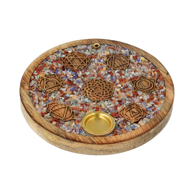 Wierookkegelhouder 7 Chakra's gemengde chakrastenen mangohout