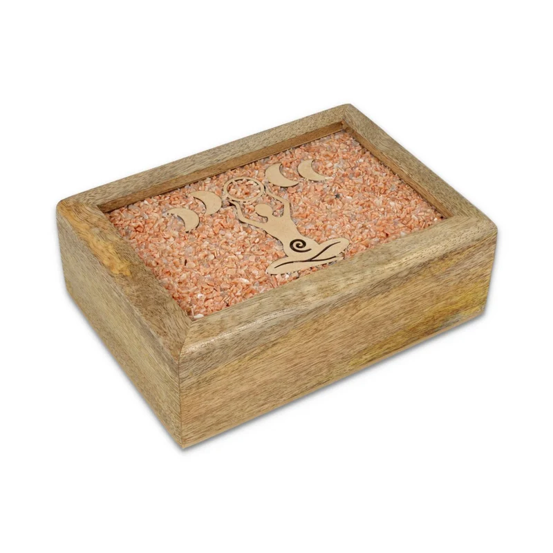 Tarot sieradendoos Godin maanfasen roze maansteen mangohout
