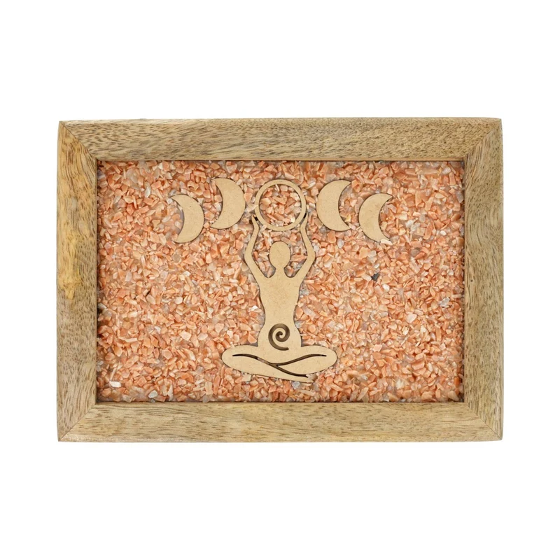 Tarot sieradendoos Godin maanfasen roze maansteen mangohout