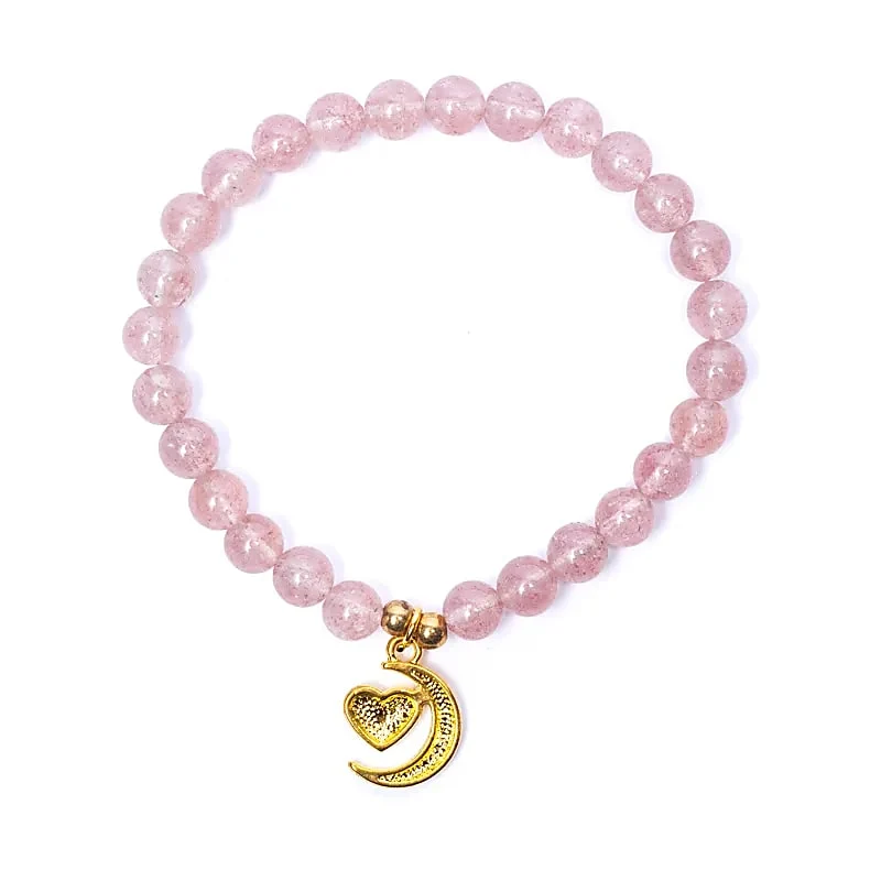 Armband aardbeienkwarts elastisch met hart/maan bedel