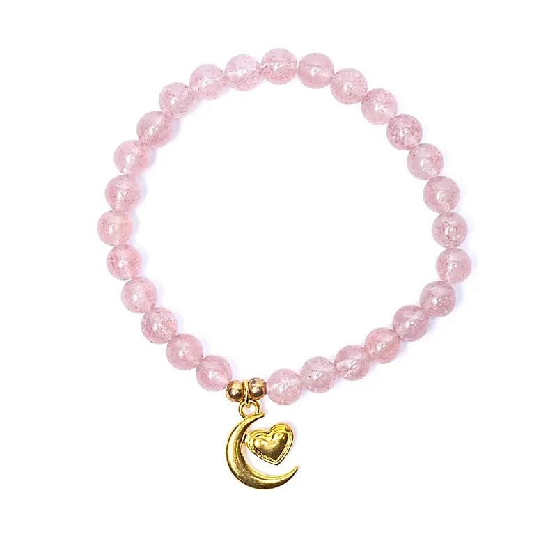 Armband aardbeienkwarts elastisch met hart/maan bedel