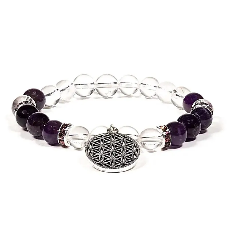 Armband bergkristal/amethist + bloem des levens