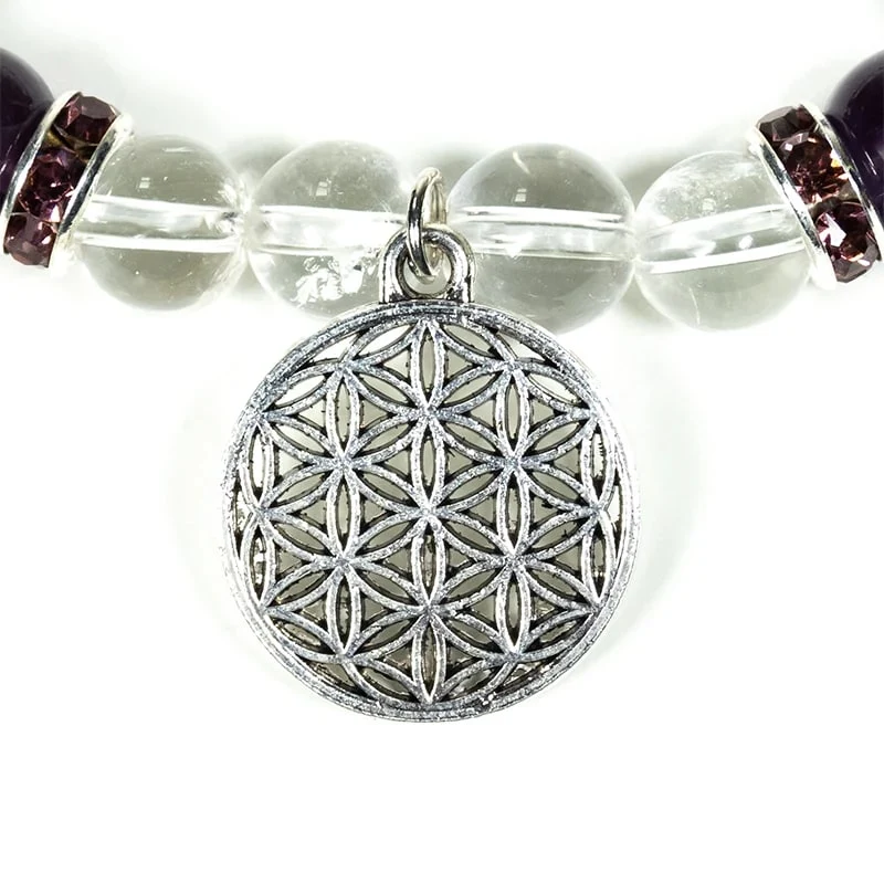 Armband bergkristal/amethist + bloem des levens
