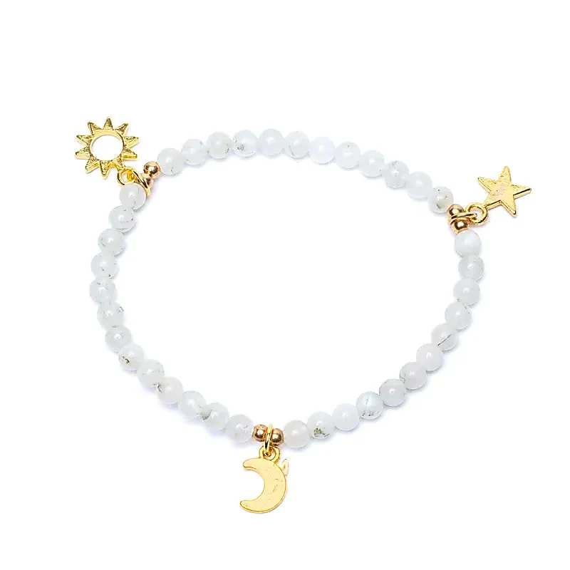 Armband maansteen elastisch met sterren/maan/zon bedels