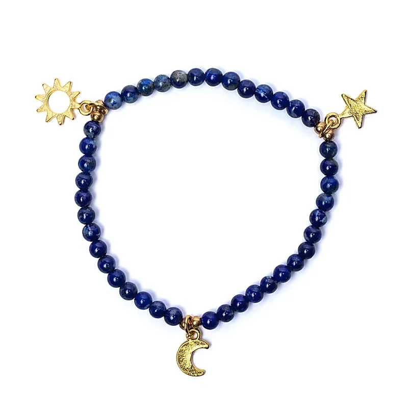 Armband lapis elastisch met sterren/maan/zon bedels
