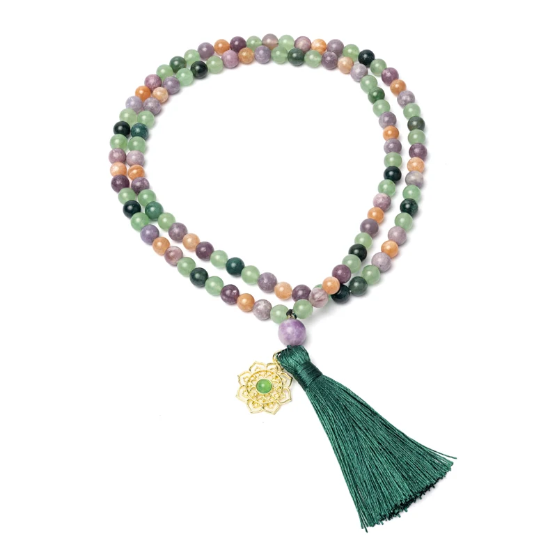 Mala mosagaat, groene aventurijn, lepidoliet, zonnesteen & mandala hanger