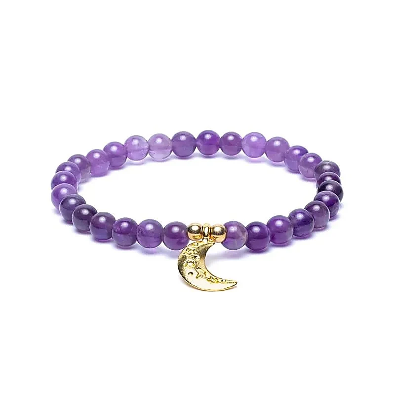 Armband amethist elastisch met maan bedel