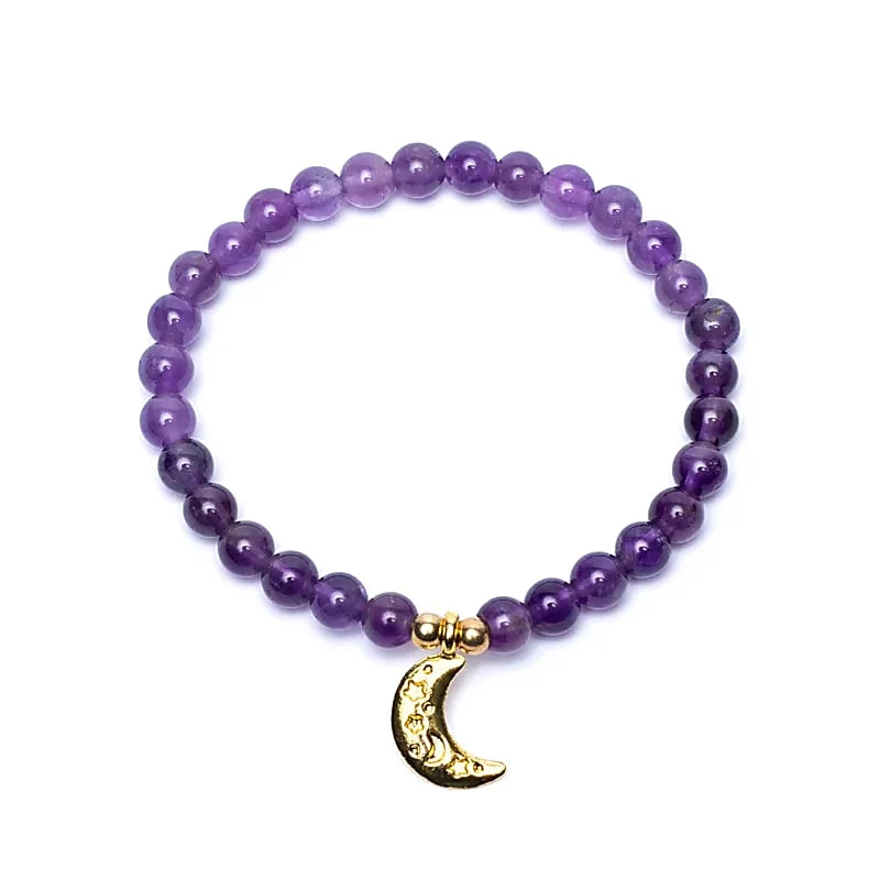 Armband amethist elastisch met maan bedel