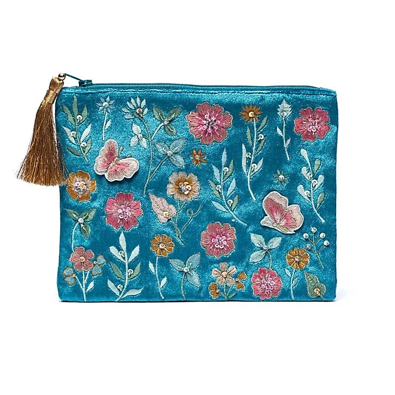 Etui fluweel blauw met bloemen