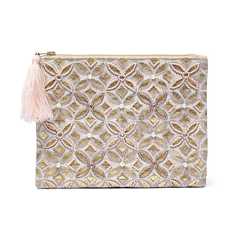 Etui chambray katoen beige/goud met Bloem des Levens