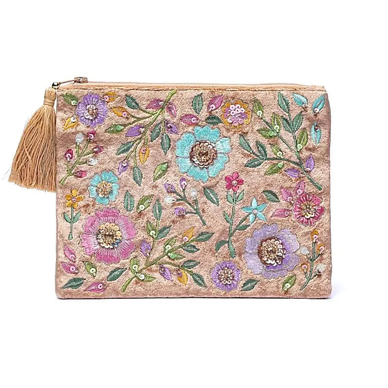 Etui fluweel beige met bloemen