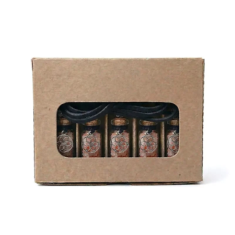 Geschenkflesje aan koord met zonnesteen en seed of life