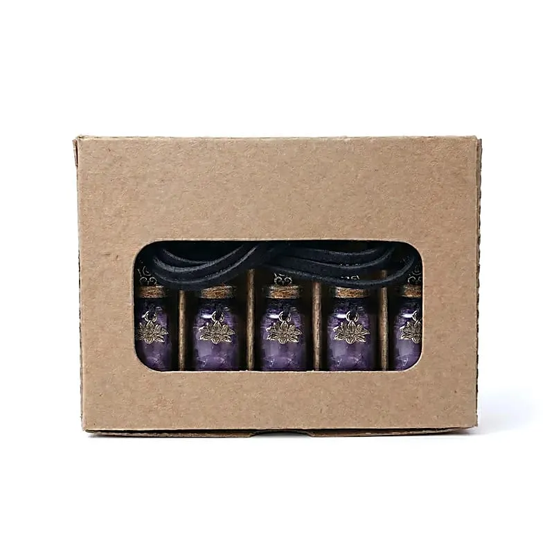 Geschenkflesje aan koord met amethist en lotus