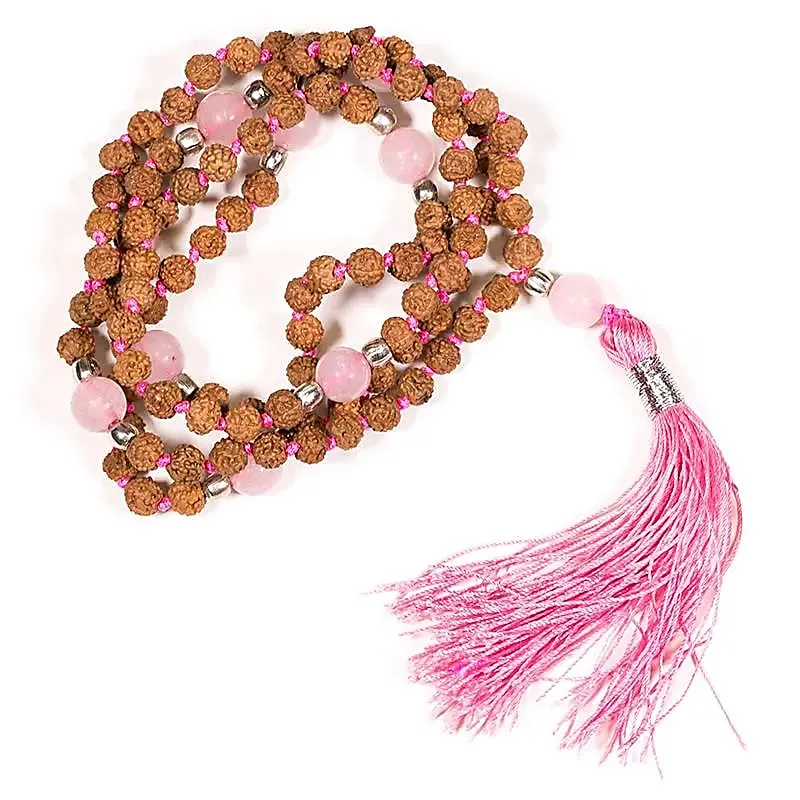 Mala Rudraksha en rozenkwarts met roze kwast
