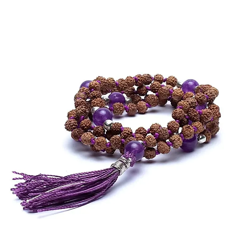 Mala Rudraksha en amethist met paarse kwast