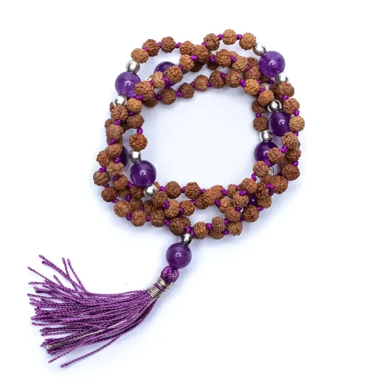 Mala Rudraksha en amethist met paarse kwast