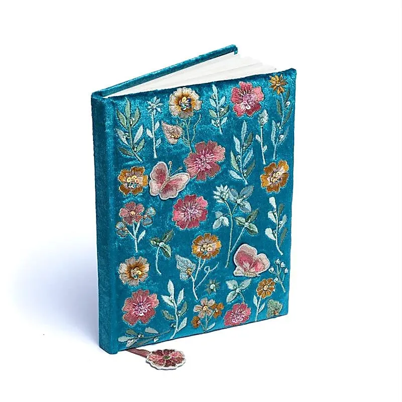 Notitieboek fluweel blauw met bloemen