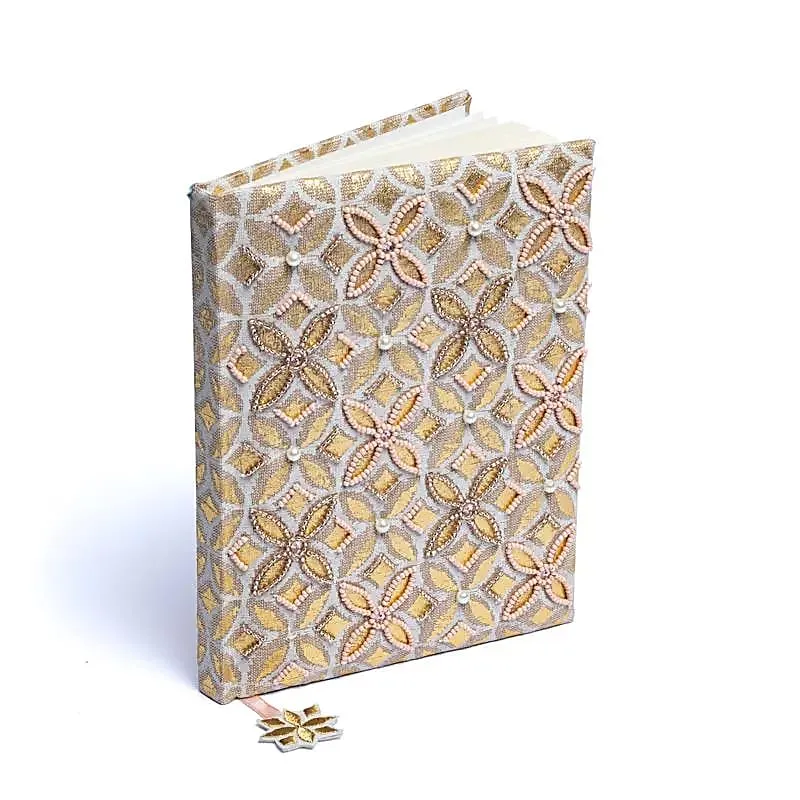 Notitieboek chambray katoen beige/goud met Bloem des Levens
